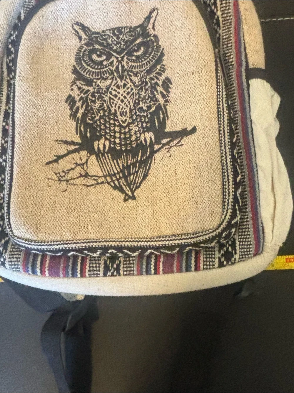Handmade Himalayan Hemp Owl Graphic Backpack Multicolor Striped Boho Back Pack